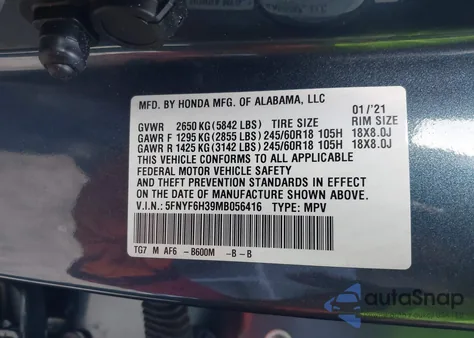 2021 Honda Pilot Awd Ex z USA, uszkodzony, nr VIN 5FNYF6H39MB056416